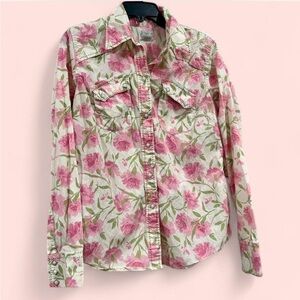 Lucky Brand Pink and Green Floral Pearl Snap Button Down Western Shirt